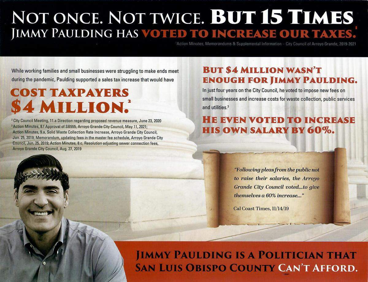 A group called Back the Blue created this mailer targeting San Luis Obispo County supervisor candidate Jimmy Paulding.