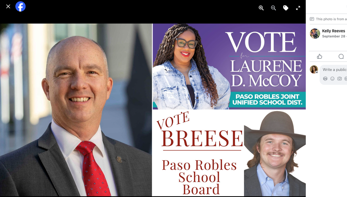 A screenshot of the poster advertisment for a monthly meeting of the Paso Robles Republican Women Federated that SLO County District Attorney Dan Dow attended as the keynote speaker on Oct. 14, 2024. Paso Robles school board candidates Hunter Breese — who had been reported to Dow’s Office for alleged election fraud — and Laurene McCoy also attended as special guests.