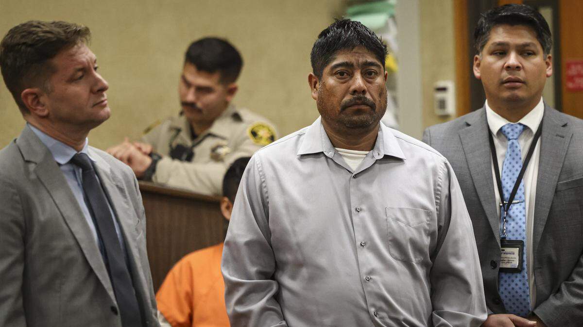 Attorney, left, defendant Celestino Soriano Ortiz, and interpreter Abraham Sanchez at arraignment in connection to the killing of 50-year-old Isabel Lucas Velasco. Hearing was in San Luis Obispo Superior Court on Oct. 15, 2025.