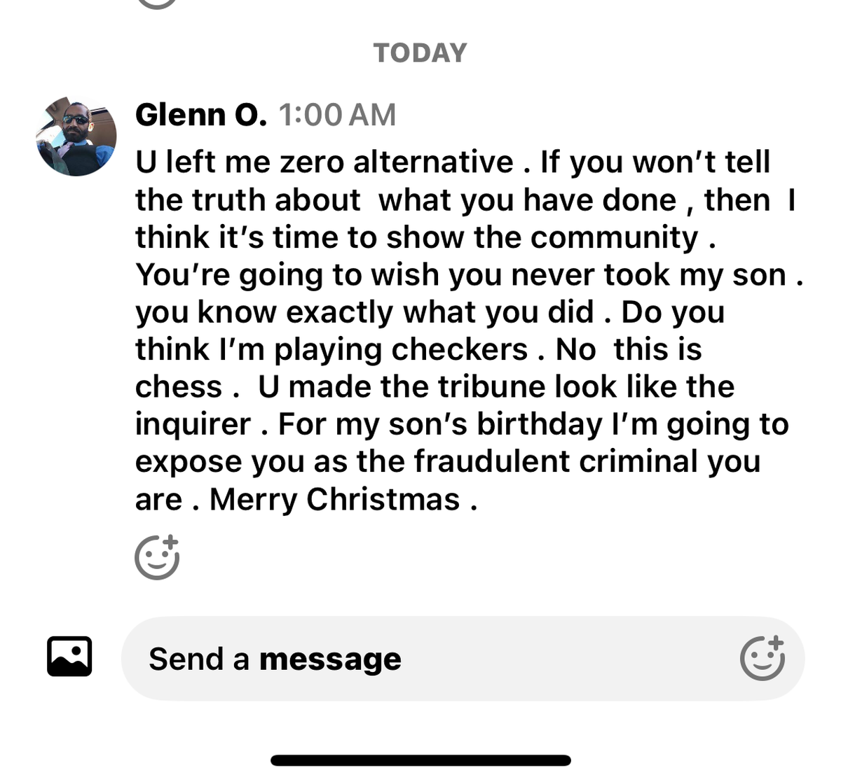 A screenshot of a Nextdoor message Glenn O’Hagan sent Ty Lewis on Dec. 21, 2024 at 1 a.m. The message was sent to Lewis about nine hours after Karen Velie sent him an email with “salacious” accusations and questions, Lewis said.