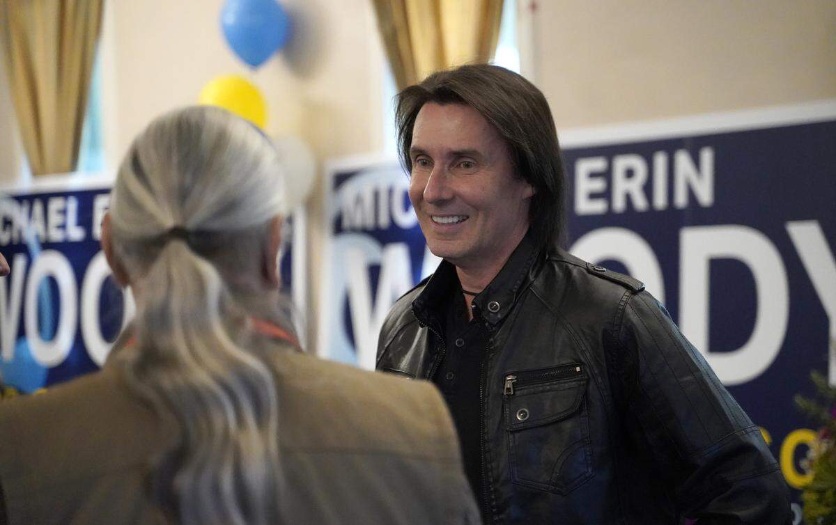 District 2 San Luis Obispo County supervisor candidate Michael Erin Woody speaks with supporters at a primary night party at The Benedict in Morro Bay on June 2, 2026.