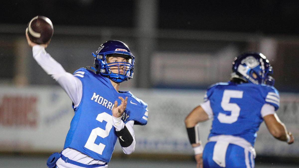 Ian Lambright passes the football in Morro Bay’s 27-26 victory over East Bakersfield in the CIF Central Section Division 5 playoffs on Nov. 3, 2023.