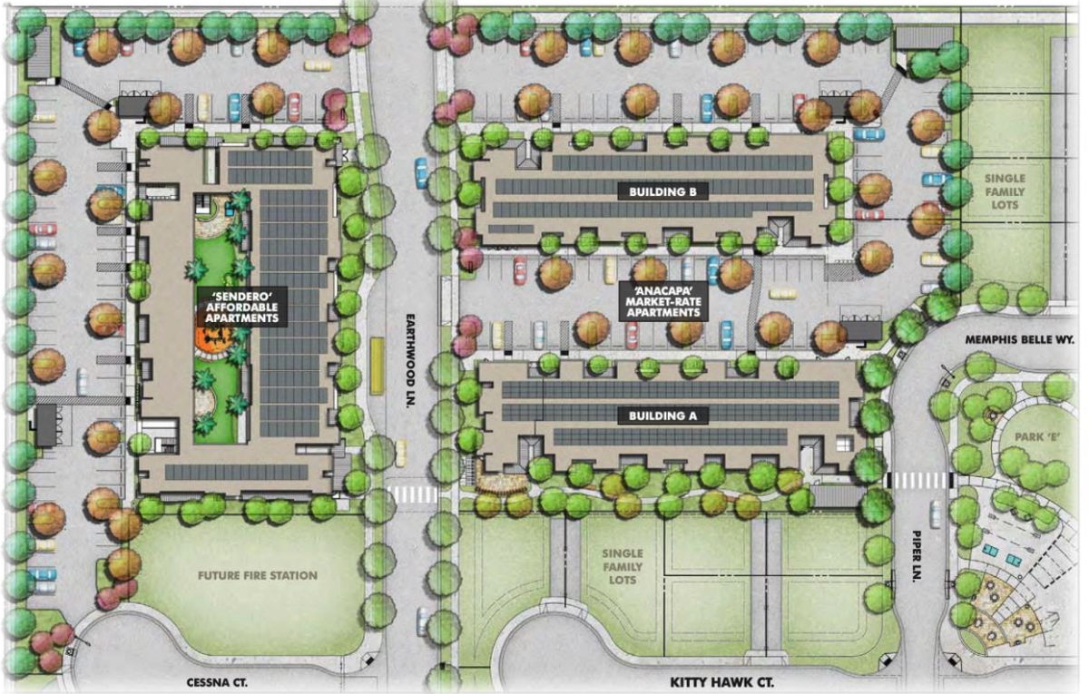 The third phase of the Avila Ranch project will sit on around four acres, and will contain two smaller developments: the “Anacapa” development consisting of 85 market-rate units in two three-story buildings on the east side of Earthwood Lane and the “Sendero” development consisting of 60 units in one building on the west side.