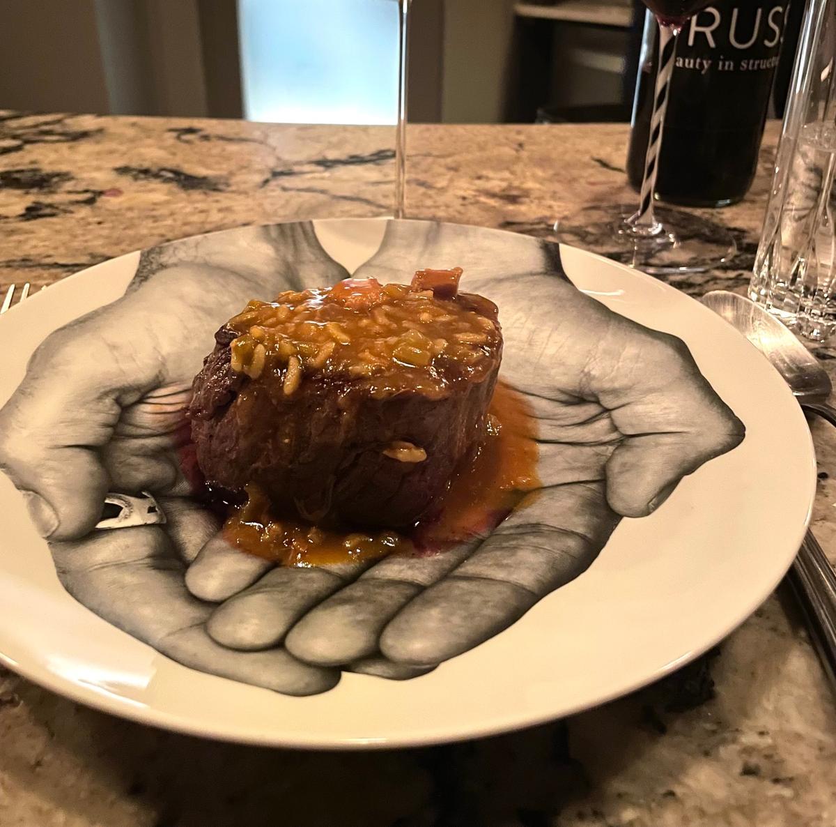 A sous vide beef fillet with a duck confit jumbalaya sauce, served at Somm’s Kitchen on Dec. 10, 2024.