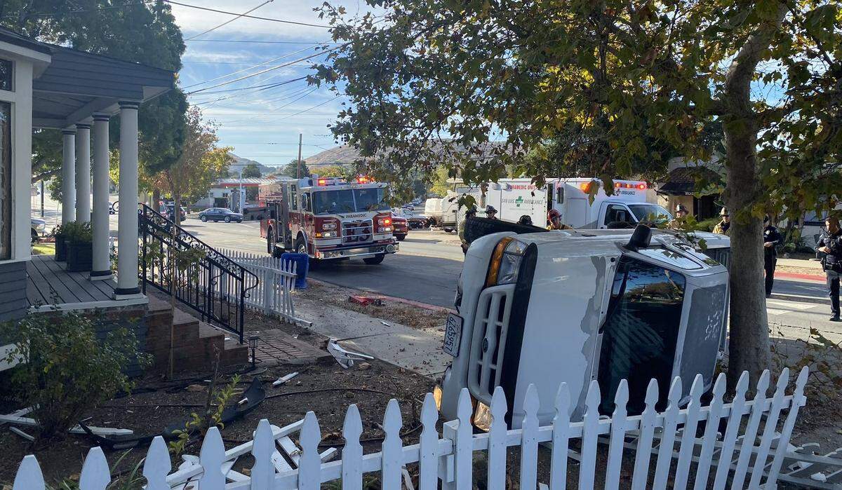 A pickup truck crashed into a tree on Broad Street and Upham in San Luis Obispo on Nov. 14, 2023.