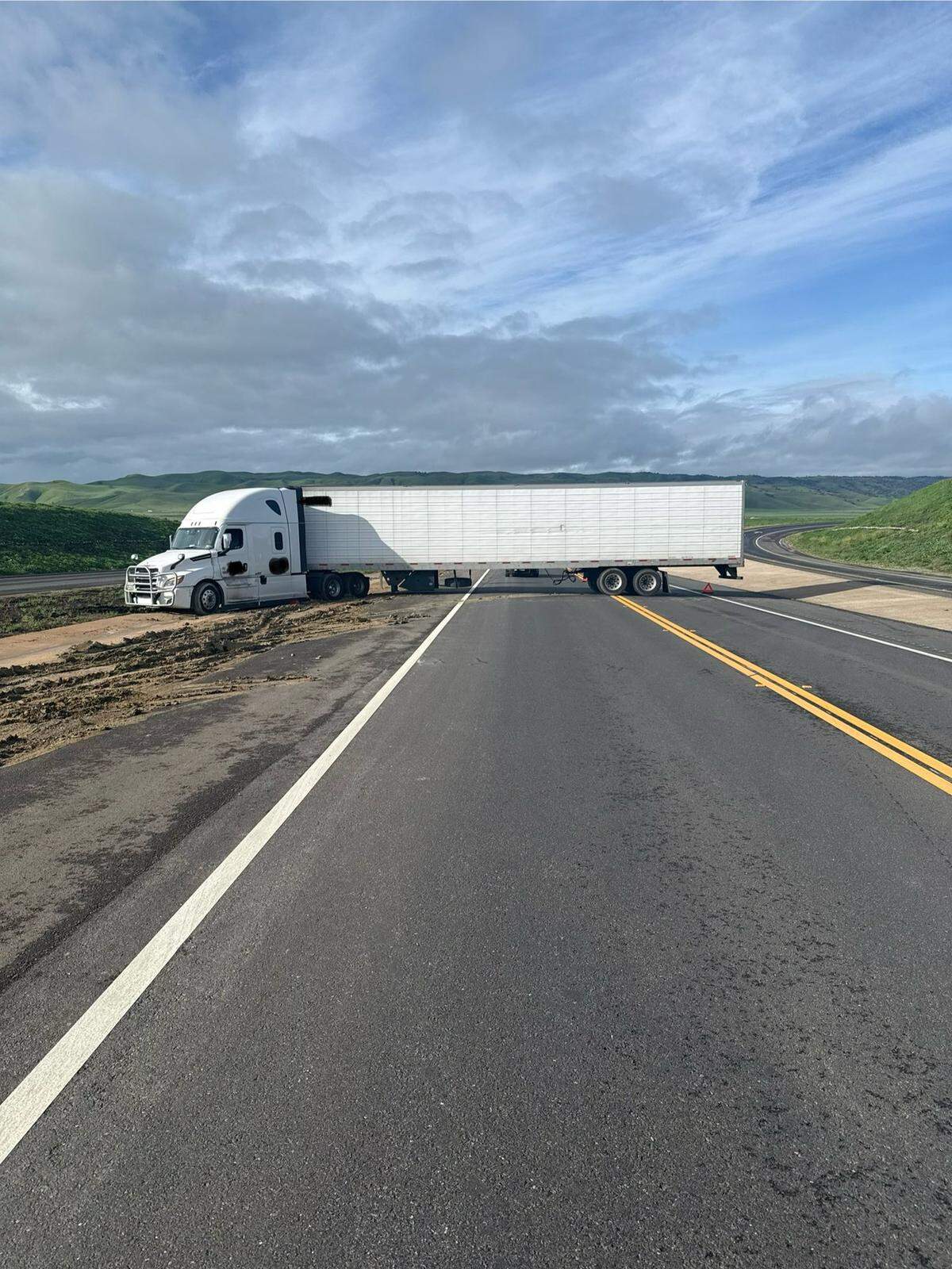 The driver of a big rig truck on Highway 46 got stuck trying to make a U-turn across the roadway on Jan. 5, 2026.