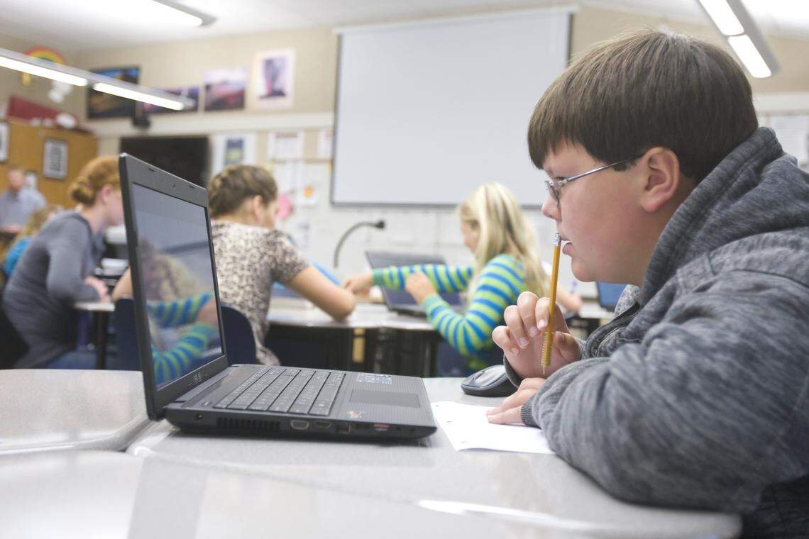 Evan Clark, 11, solves an algebra problem at Cayucos Elementary.School in 2014. The school, which serves students in transitional kindergarten through eigth grade, is the best public elementary school in San Luis Obispo County for 2025, according to Niche.