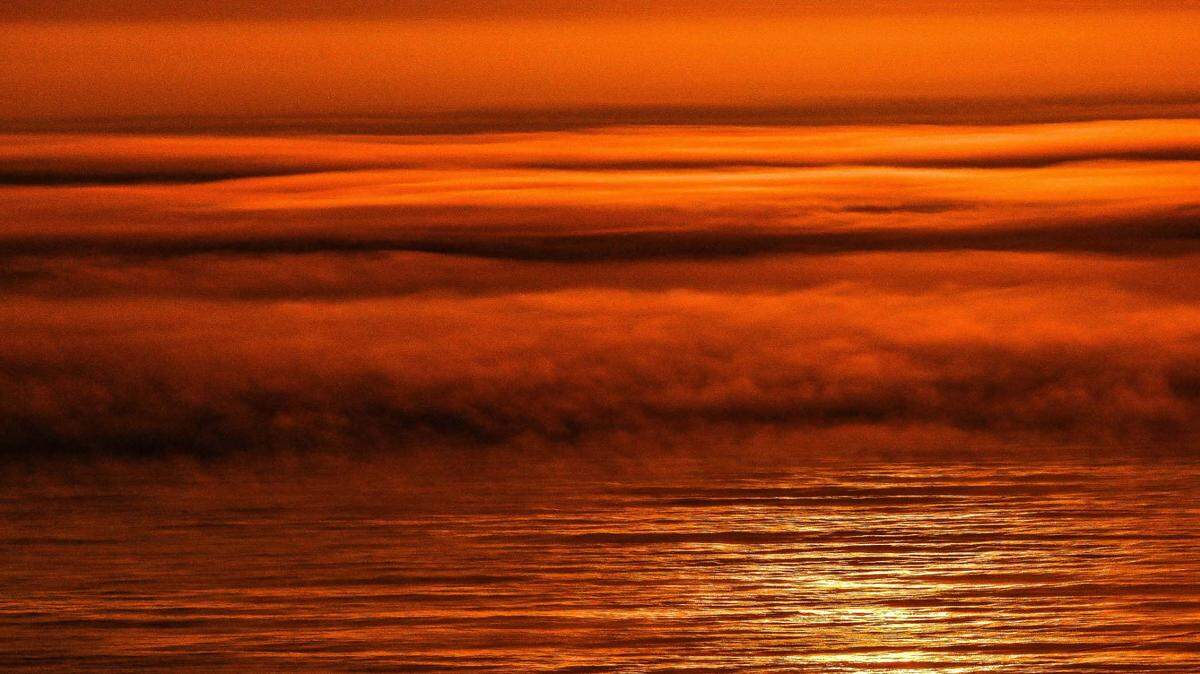 The sun setting into a fog bank at Montaña de Oro State Park, July 2023.
