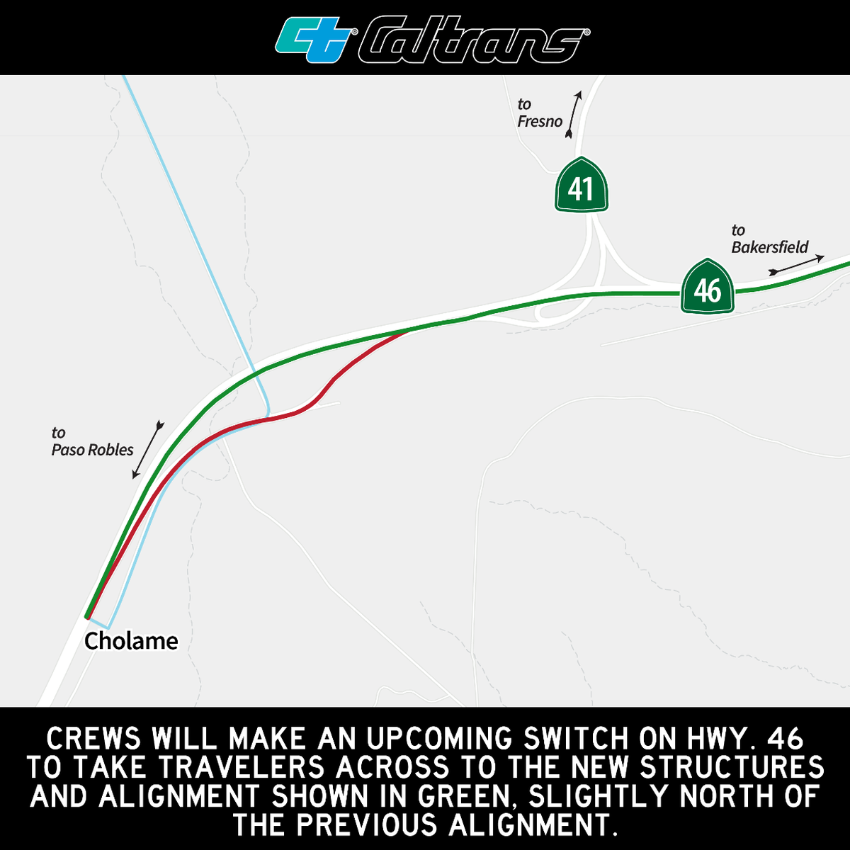 Drivers going east of Cholame on Highway 46 will encounter daytime traffic delays from 8 a.m. to 4 p.m. on Monday, Feb. 9 and Tuesday, Feb. 10. Caltrans crews will be creating a new centerline on the SLO County roadway.