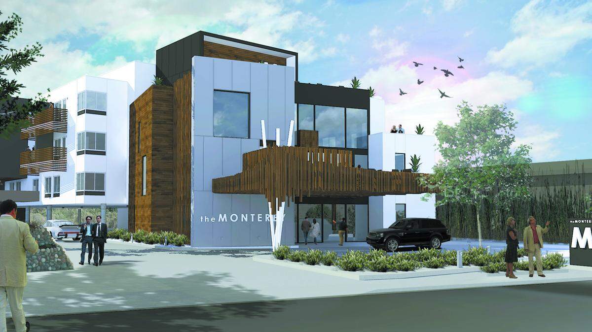 A rendering of the exterior view of the proposed hotel entry, as viewed from Monterey Street.