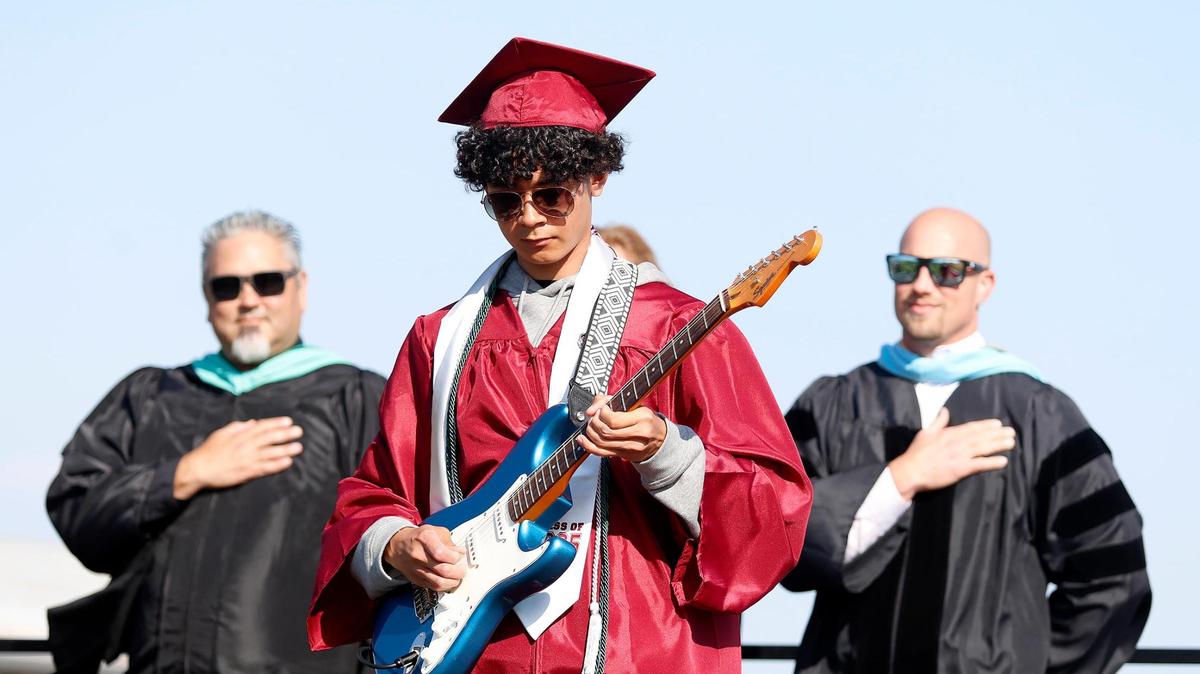 Derald Bool played the national anthem on an electric guitar. Nipomo High School celebrated 186 new graduates Friday, June 6, 2025. Twenty-nine students received scholarships totaling over $173,000.