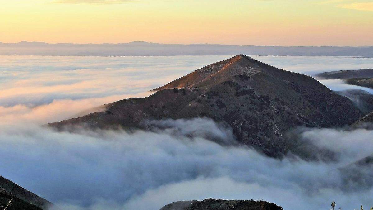 Mountain tops peaking through the marine layer during sunrise.