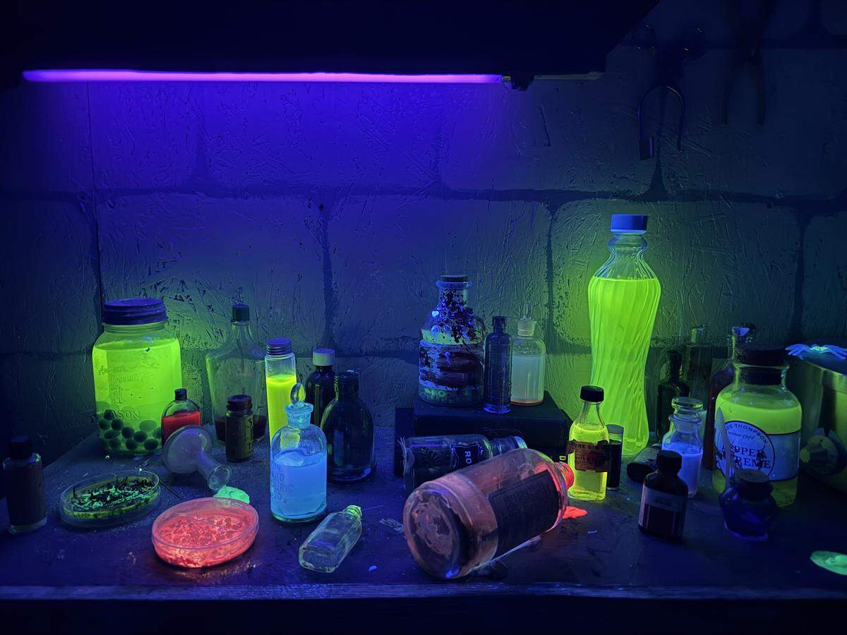 Glow-in-the-dark laboratory concoctions are some of the props at The Haunt in Atascadero. The haunted house’s 2025 theme is Dr. Frankenstein’s monster re-stitched.
