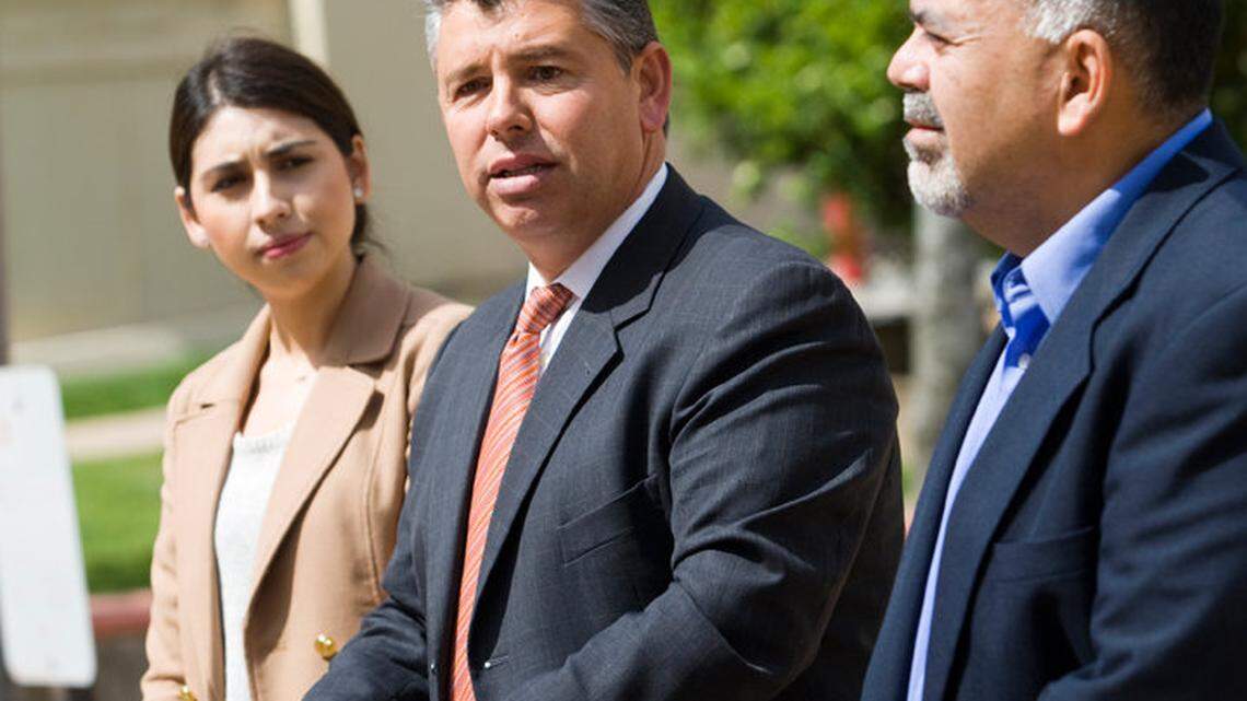 Former Lt. Gov. Abel Maldonado is flanked by daughter Erika and Dr. Rene Bravo in front of the San Luis Obispo County Courthouse on March 23.