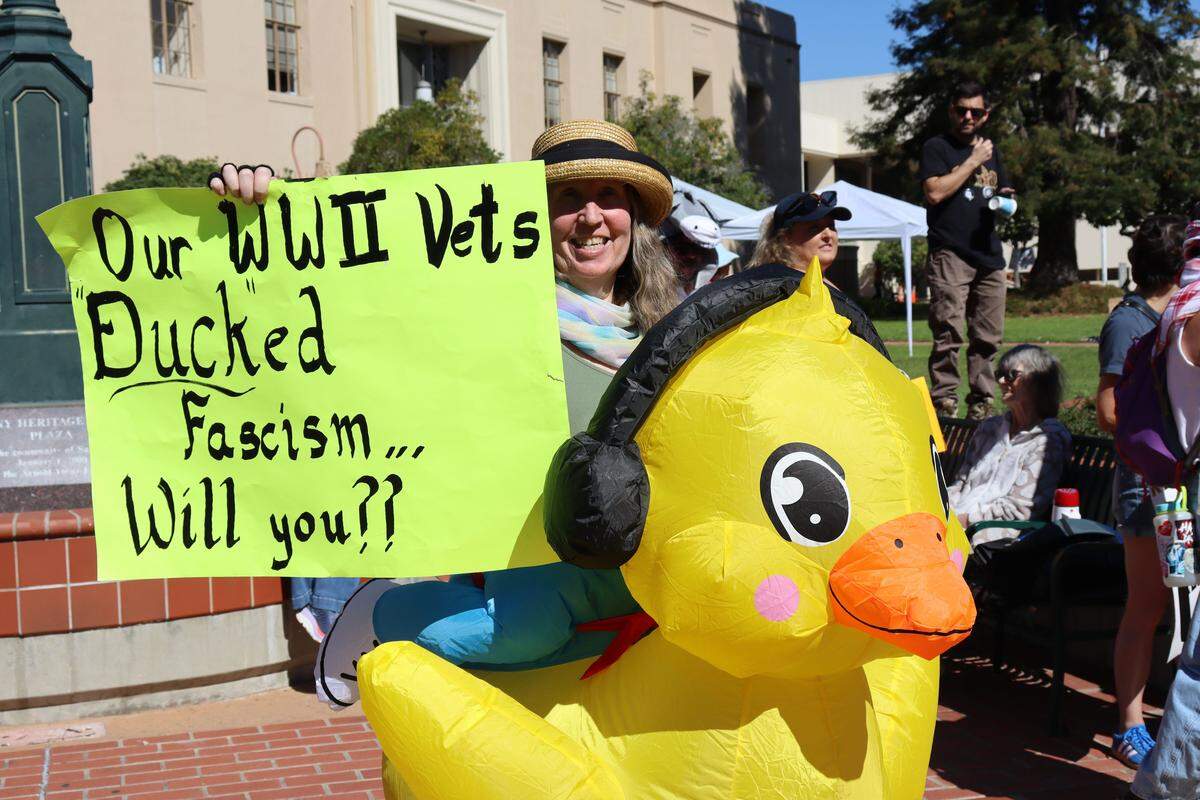 Thousands of people attended the No Kings rally in downtown San Luis Obispo to protest the Trump administration and support Prop. 50 on Oct. 18, 2025.