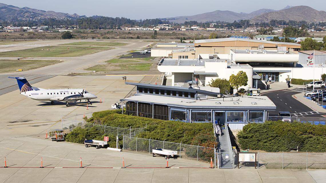 The Spirit of San Luis restaurant, foreground, and behind it, the current terminal at the San Luis Obispo County Regional Airport.