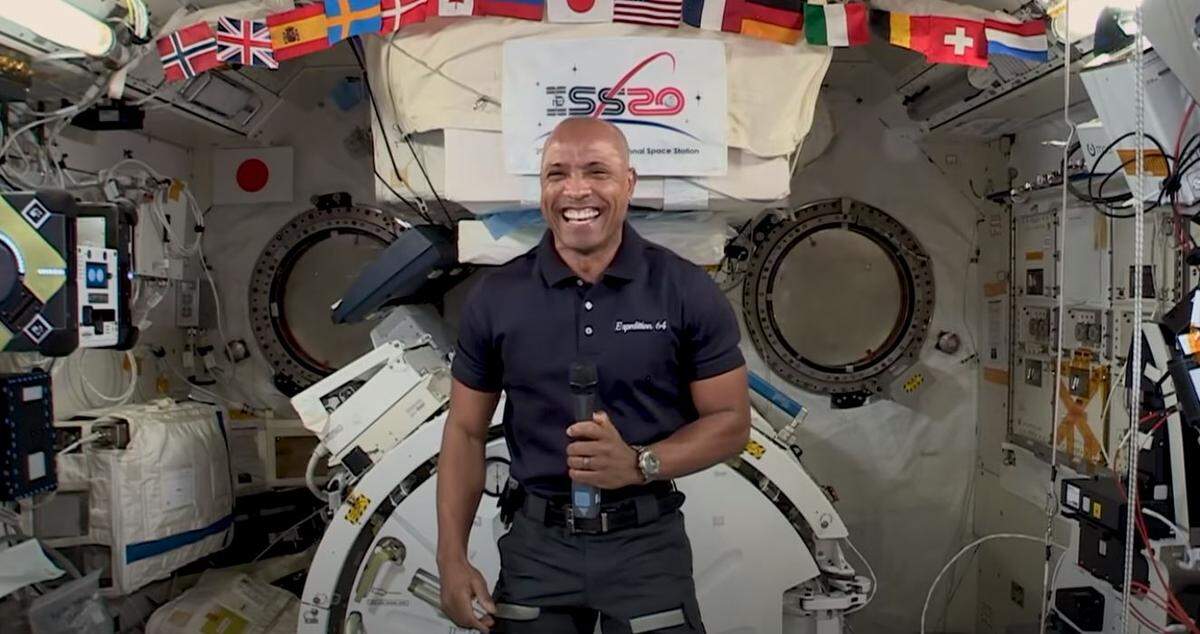 Victor Glover, a Cal Poly alumnus and NASA astronaut, smiles as he connects with U.S. Vice President Kamala Harris in a virtual chat on Feb. 24. Glover is currently aboard the International Space Station.