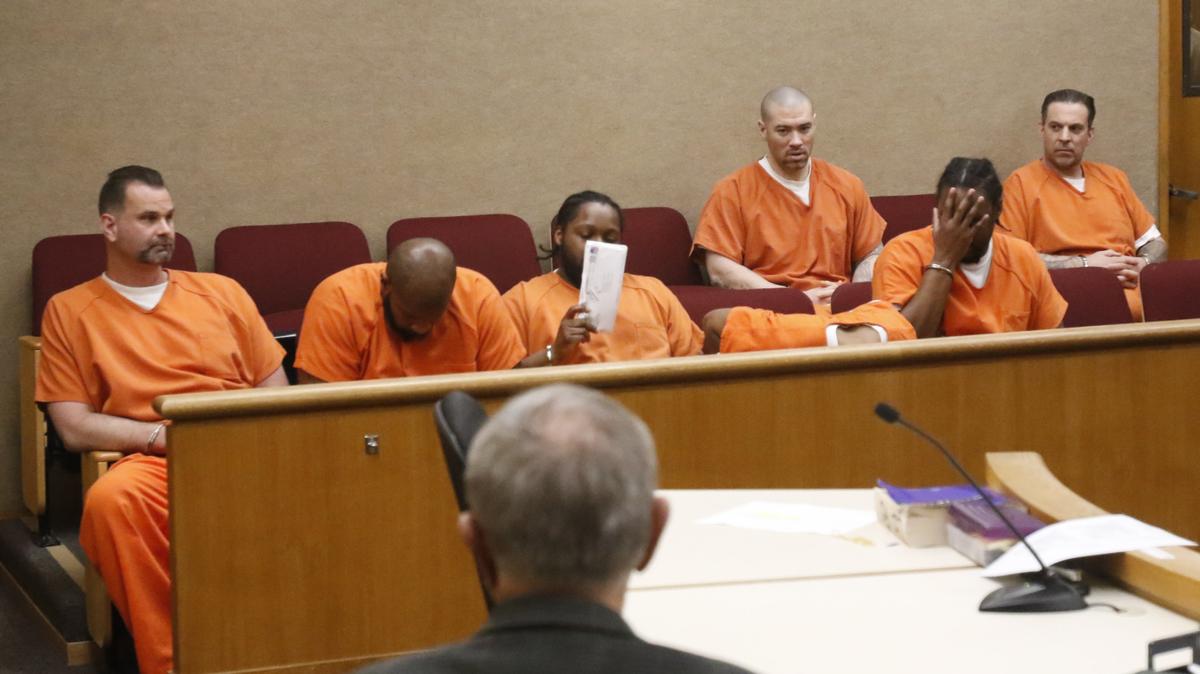 John Cichosz, 37, of Oakley; Tamone Thompson, 38, of Hayward; Treaveon Falls, 27, of Long Beach; Michael Bowden, 32, of Long Beach; Carnell Bowden, 35, of San Bernardino; Joseph Perry, 36, of Antioch; and Daniel Gonzalez, 48, of Antioch; were sentenced in Superior Court Judge Craig van Rooyen's courtroom for an armed robbery of a house in Atascadero in February 2017.