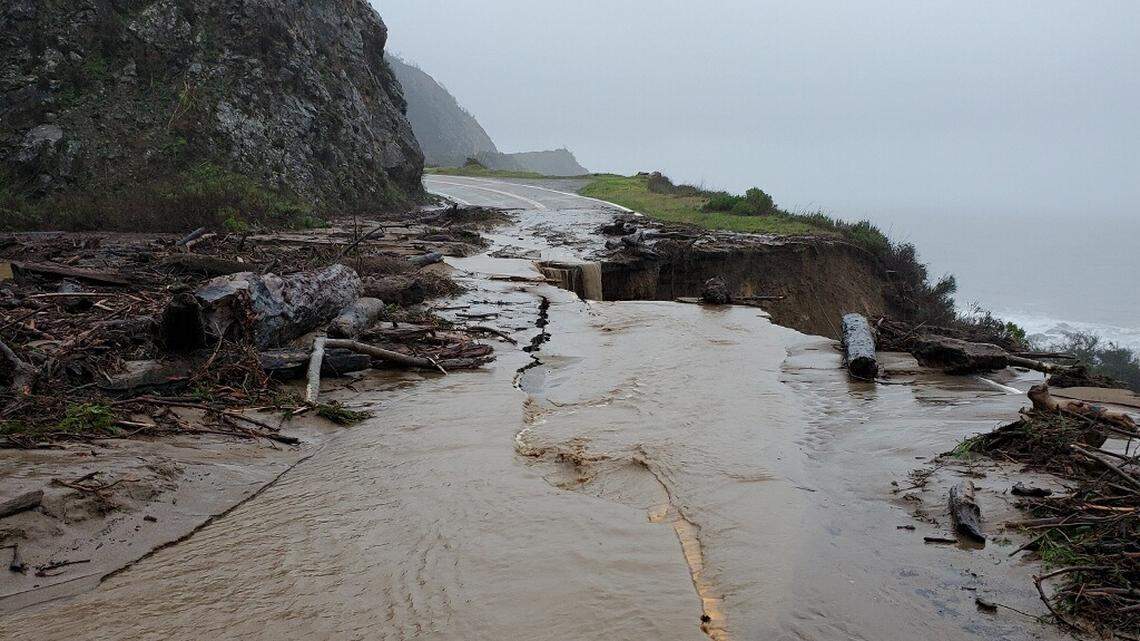 Chunk of scenic Highway 1 crumbles into the Pacific Ocean during storm