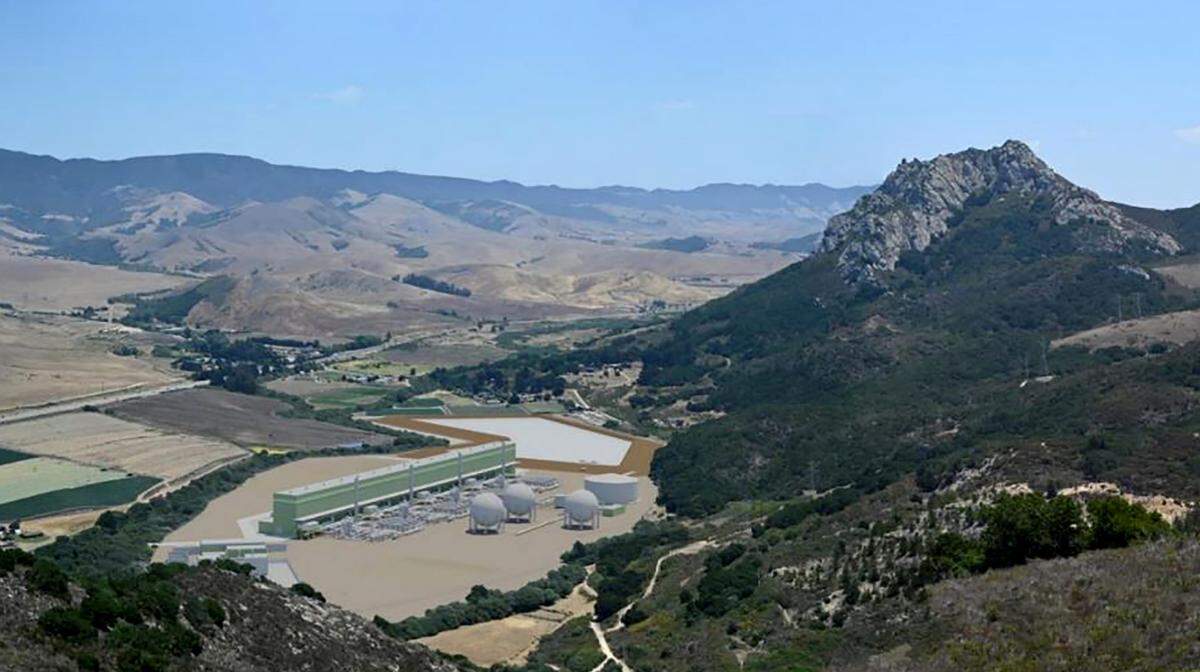 A rendering by Hydrostor shows its proposed compressed air energy storage plant along Highway 1 at the base of Hollister Peak.