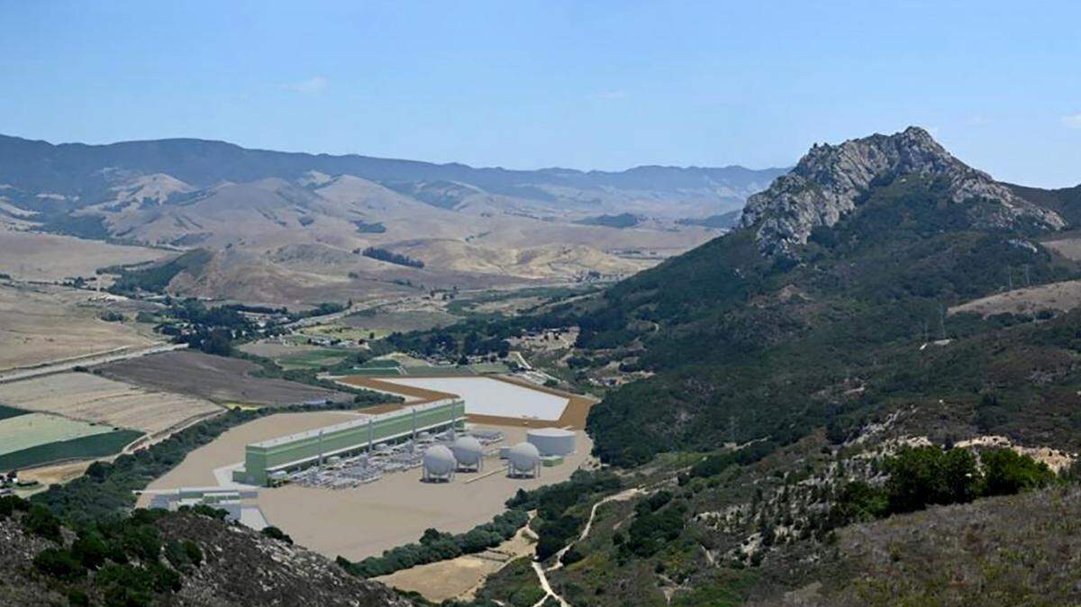 A rendering by Hydrostor shows its proposed compressed air energy storage plant along Highway 1 at the base of Hollister Peak.