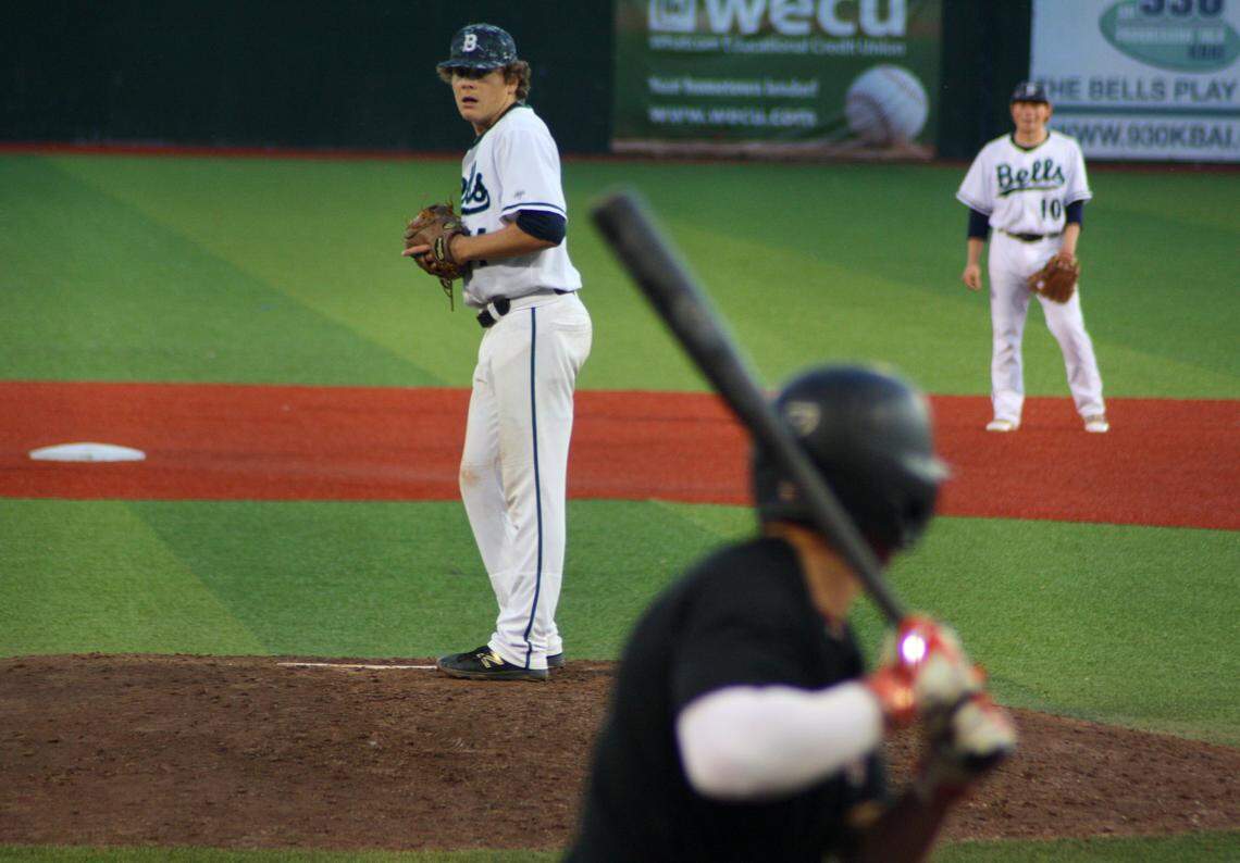 Bellingham Bells pitcher Spencer Howard stares down a Corvallis batter during Game 1 of the WCL championship series, Aug. 18 at Joe Martin Field. Spencer gave up 4 runs during the game.
