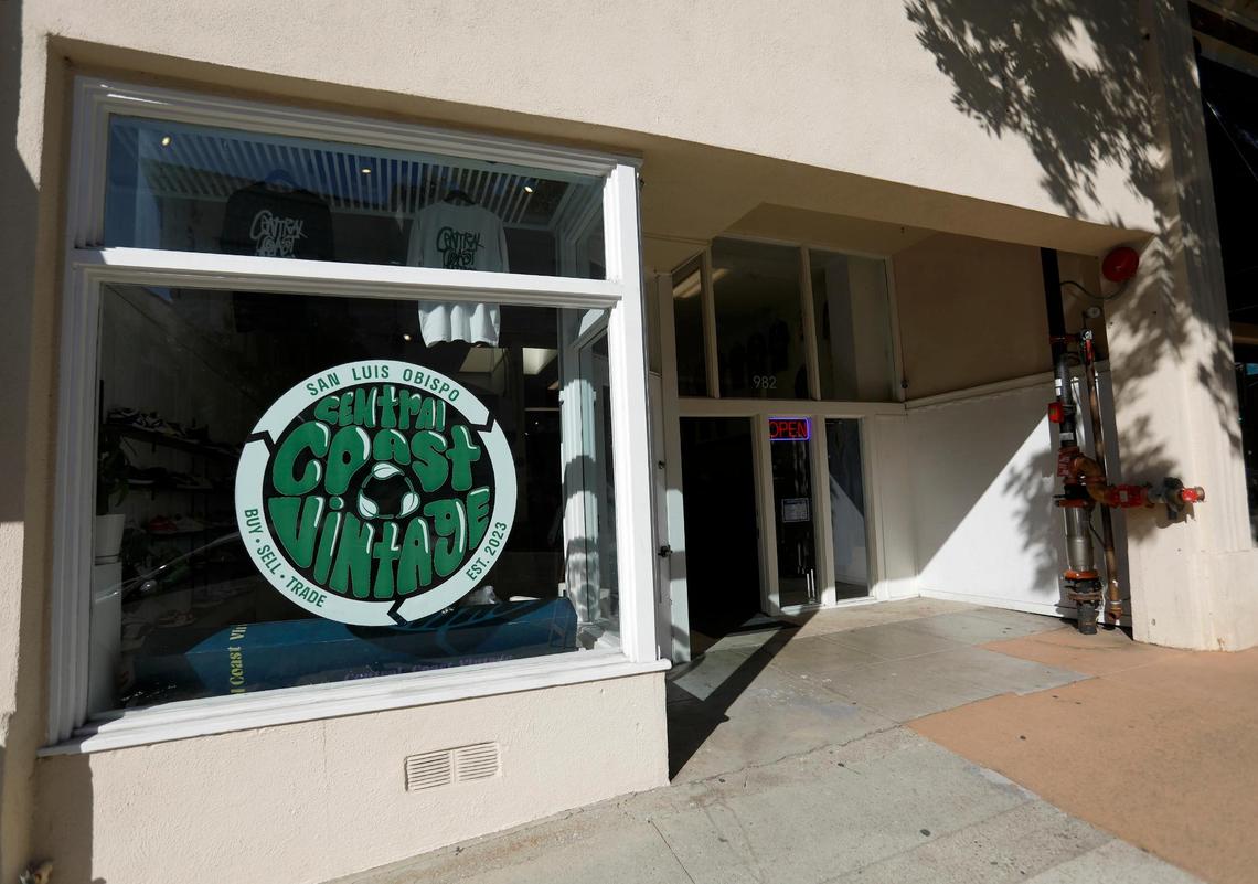 Storefront of Central Coast Vintage on Monterey Street in San Luis Obispo. Vintage shops in downtown SLO buy and sell high-quality secondhand clothing and accessories.