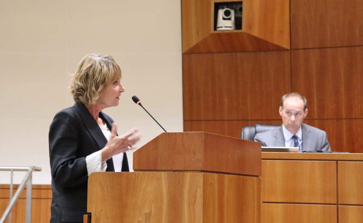 Pismo Beach resident Elizabeth Burkhead speaks to the Board of Supervisors on Sept. 24, 2024, on behalf of Save the Canyon, a group appealing plans for a new home near the Pismo Preserve. The board rejected the appeal.