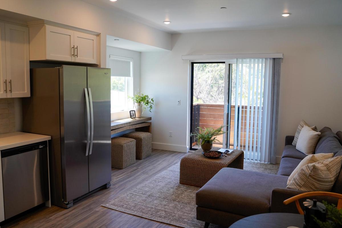 The newly completed Artisan Apartments by developer Abbott | Reed features some 17 unique floor plans to work with the natural shape of its lot in downtown San Luis Obispo, pictured Thursday, June 12, 2025. The new 36-unit apartment complex utilizes an all-electric design and dense, tall infill techniques to place the units on a small lot along San Luis Obispo Creek.