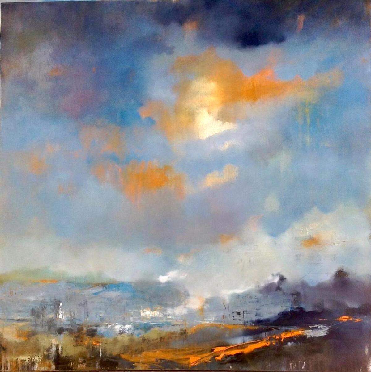 “Factory Work,” 36x36” oil on canvas with paper residue.