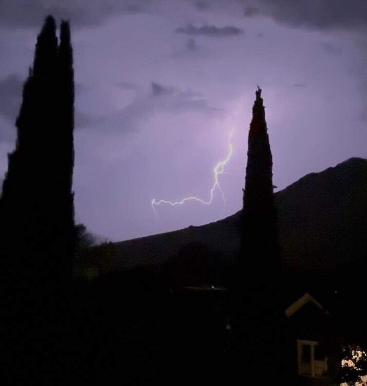 A lightning bolt can be seen from San Luis Obispo on Sept. 23, 2025. A thunderstorm passed through the area overnight, bringing with it rain, wind and lightning.