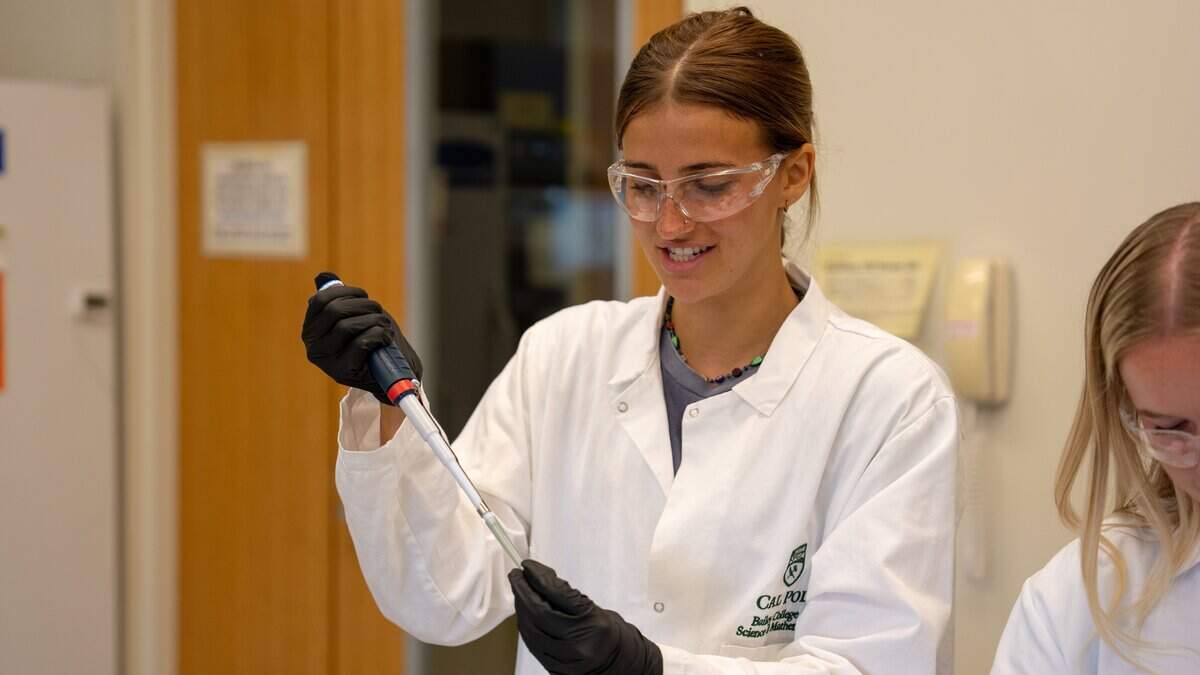 Fourth year biological science major Grace Montgomery pipettes a solution containing synthetic cell components at Cal Poly on June 24, 2026. Synthetic cells are manufactured in batches of millions in labs, and can be created to accomplish specific functions.