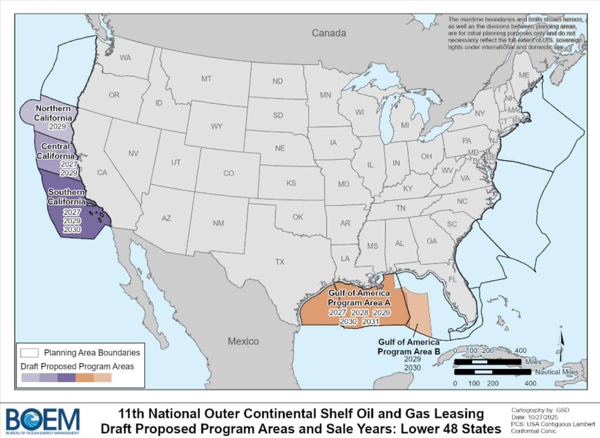 The U.S. Department of the Interior released a proposal to open about 1.48 billion acres of land to oil and gas lease sales offshore of California, Alaska and the Gulf of Mexico on Nov. 20, 2025.