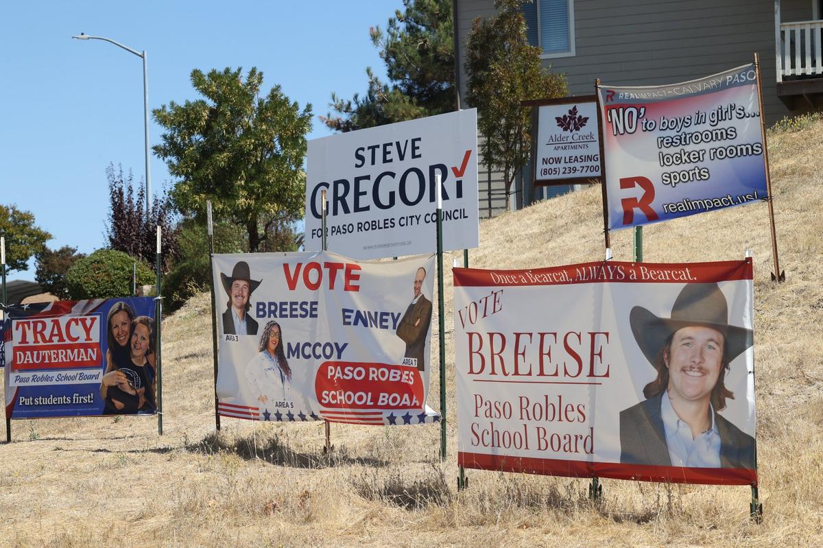 Candidate signs for Paso Robles City Council and school board sit on the corner of Niblick Road.