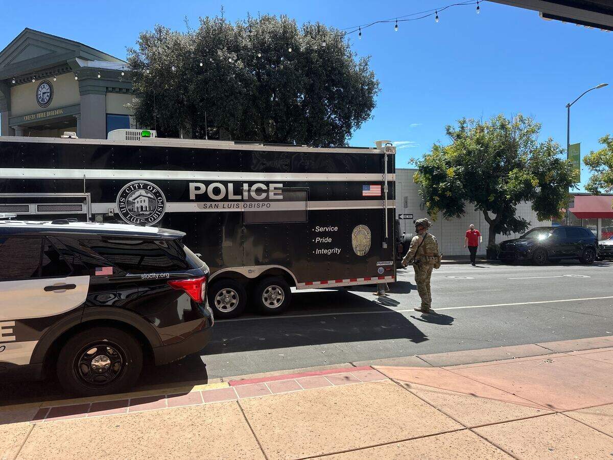 San Luis Obispo police blocked off Marsh and Garden streets downtown Sept. 9, 2025, due to a person barricaded inside Hotel Cerro. A regional SWAT team was also at the scene.