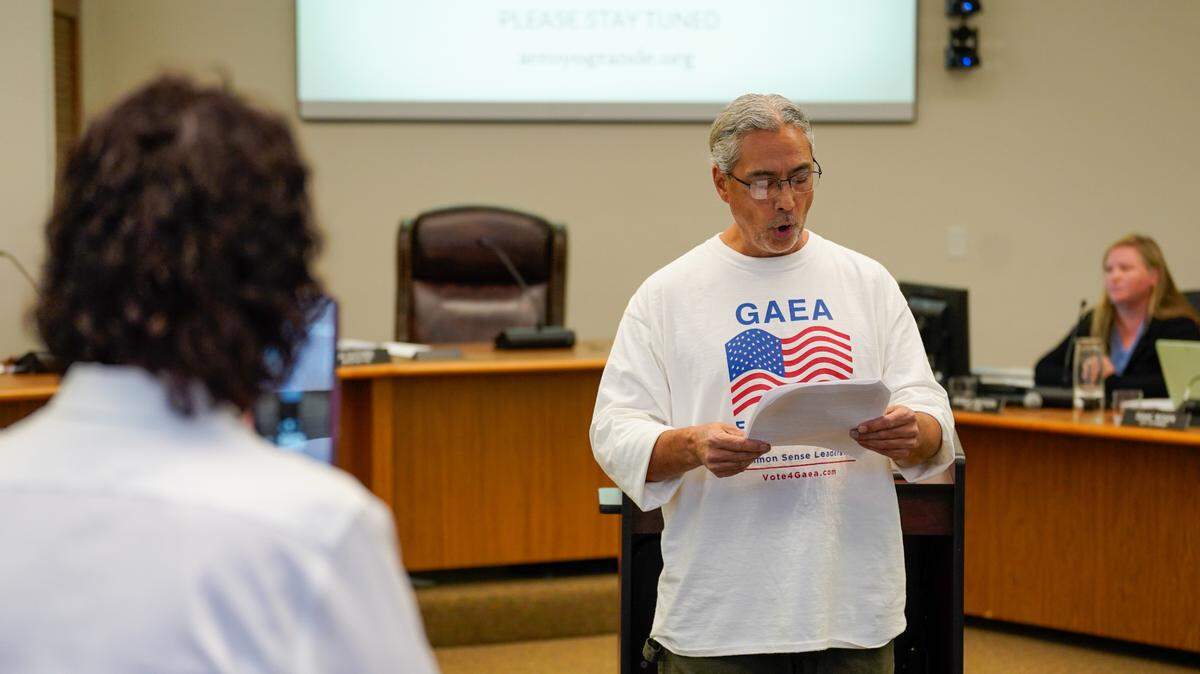 Arroyo Grande mayoral candidate Gaea Powell records a speech by one of her supporters at the City Council meeting Aug. 27, 2024. Multiple commenters said they were frustrated with the City Council’s decision to limit general public comment from three minutes to one minute.
