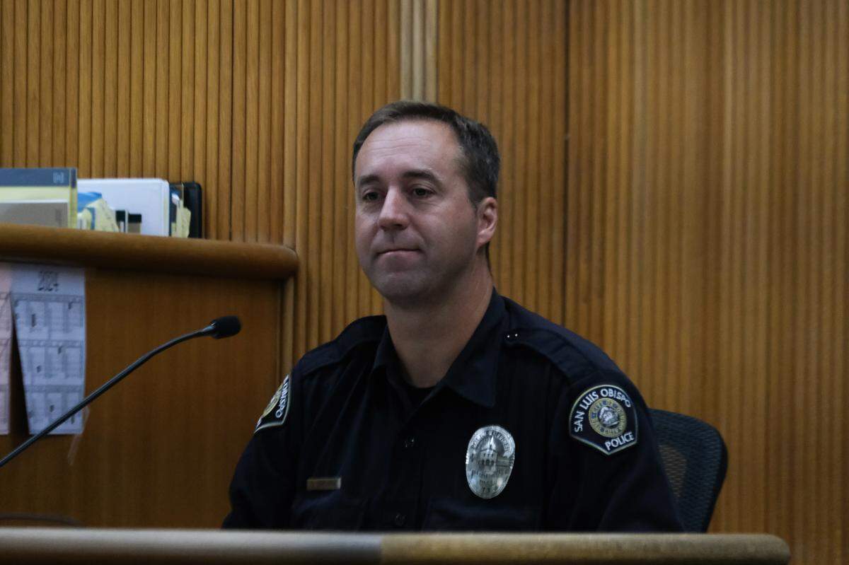 San Luis Obispo Police Officer David Brewer testifies at the preliminary hearing against Daniel Saligan Patricio at San Luis Obispo Superior Court on Nov. 14, 2023. Saligan Patricio is charged with two counts of vehicular manslaughter for the killings of Jennifer Besser and Matthew Chachere on Nov. 21, 2022.