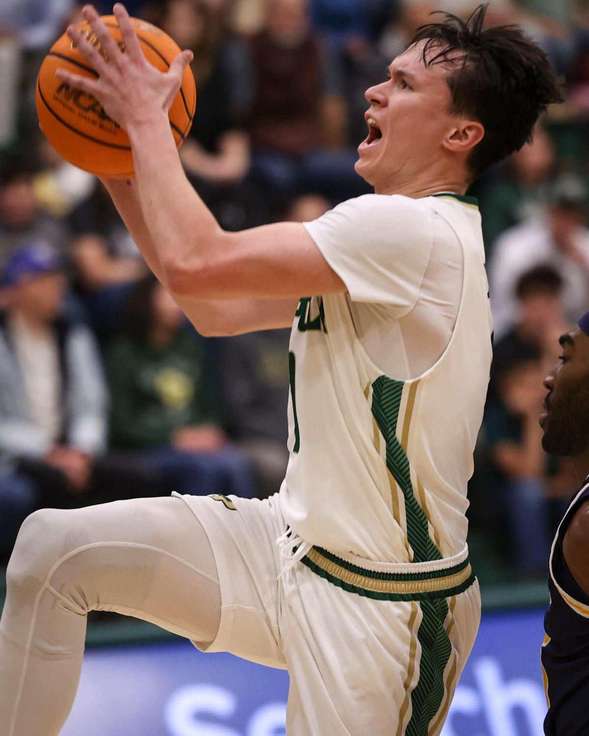 Peter Bandelj takes a shot. Cal Poly lost to UCSD 81-67 in a basketball game on Feb. 20, 2025.