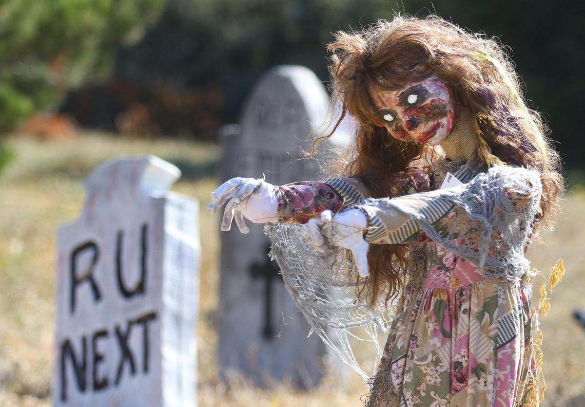 Zombie Natalie by Terri Pilot is part of a horde of zombies roaming along Cambria Drive. Scarecrows are wandering the streets of Cambria and San Simeon as the October festival is underway.