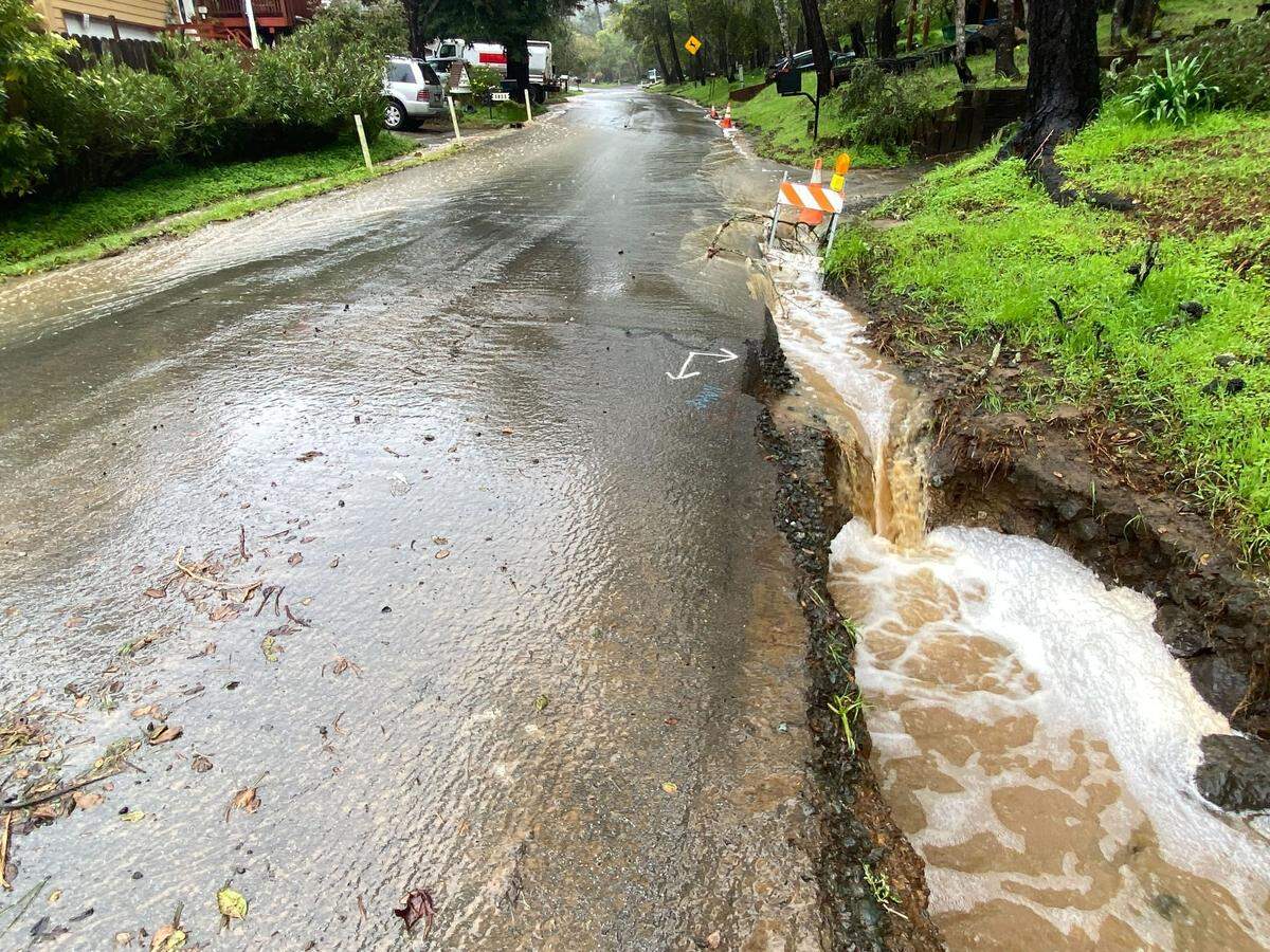 Water on both sides of Burton at Ardath Drive in Cambria after a winter storm on March 10, 2023. 