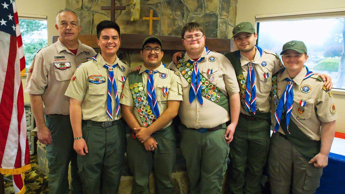 At a recent Eagle Scout Court of Honor, five members of Cambria’s Troop 217 achieved scouting’s highest honor. From left, Scoutmaster: Dave Ehlers and Eagle Scouts David May, Gio Espinoza, Nate Ehlers, Zack Azevedo and Spencer Caserio.