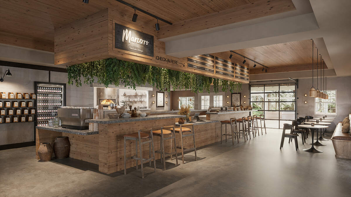 Nightsky camps is renovating the Dairy Creek Golf Course’s restaurant space, which will open under a new name in early July 2025, as shown in a mock-up of the design. The upscale American eatery, Marcerro, will service the entire indoor and outdoor dining area as well as the course’s Top Golf-style driving range.