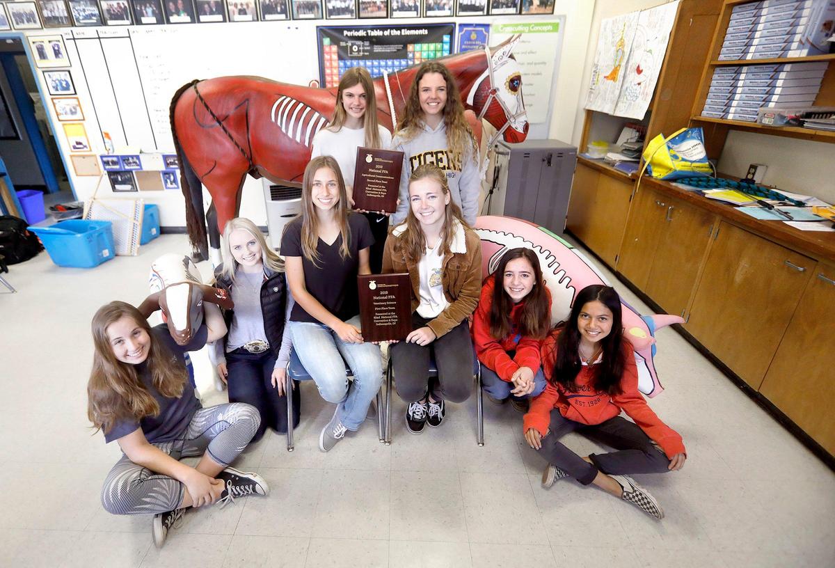 San Luis Obispo High School’s veterinary science team won the FFA national championship in 2019, beating out teams from 45 states. FFA students pictured on bottom row, from left, are Allison Dierks, Bella Marden, Grace Greenelsh, Sydney Cusick, Elyse Evers, Lizbeth Lua. Standing in back are Camille Rowlands-Rees, left, and Avery Noblitt, right.