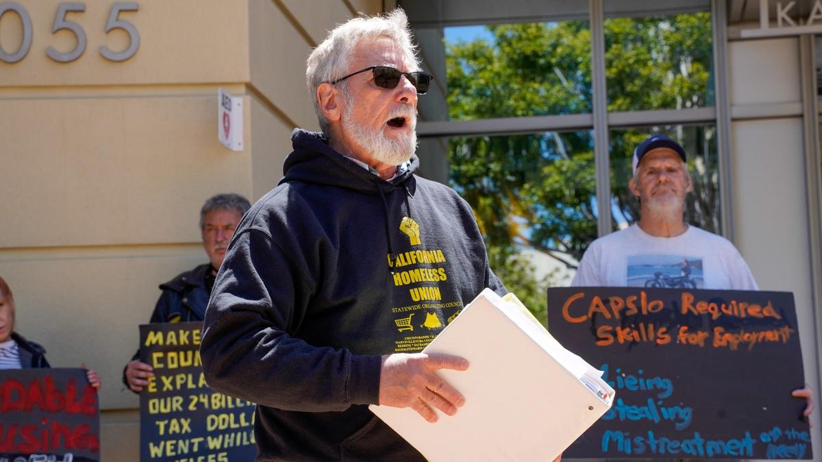 California Homeless Union attorney Anthony Prince speaks at an April 29, 2024 press conference at the Katcho Achadijan Government Center. The California Homeless Union reached an agreement with San Luis Obispo County to keep the Oklahoma Avenue Safe Parking site open until May 6.