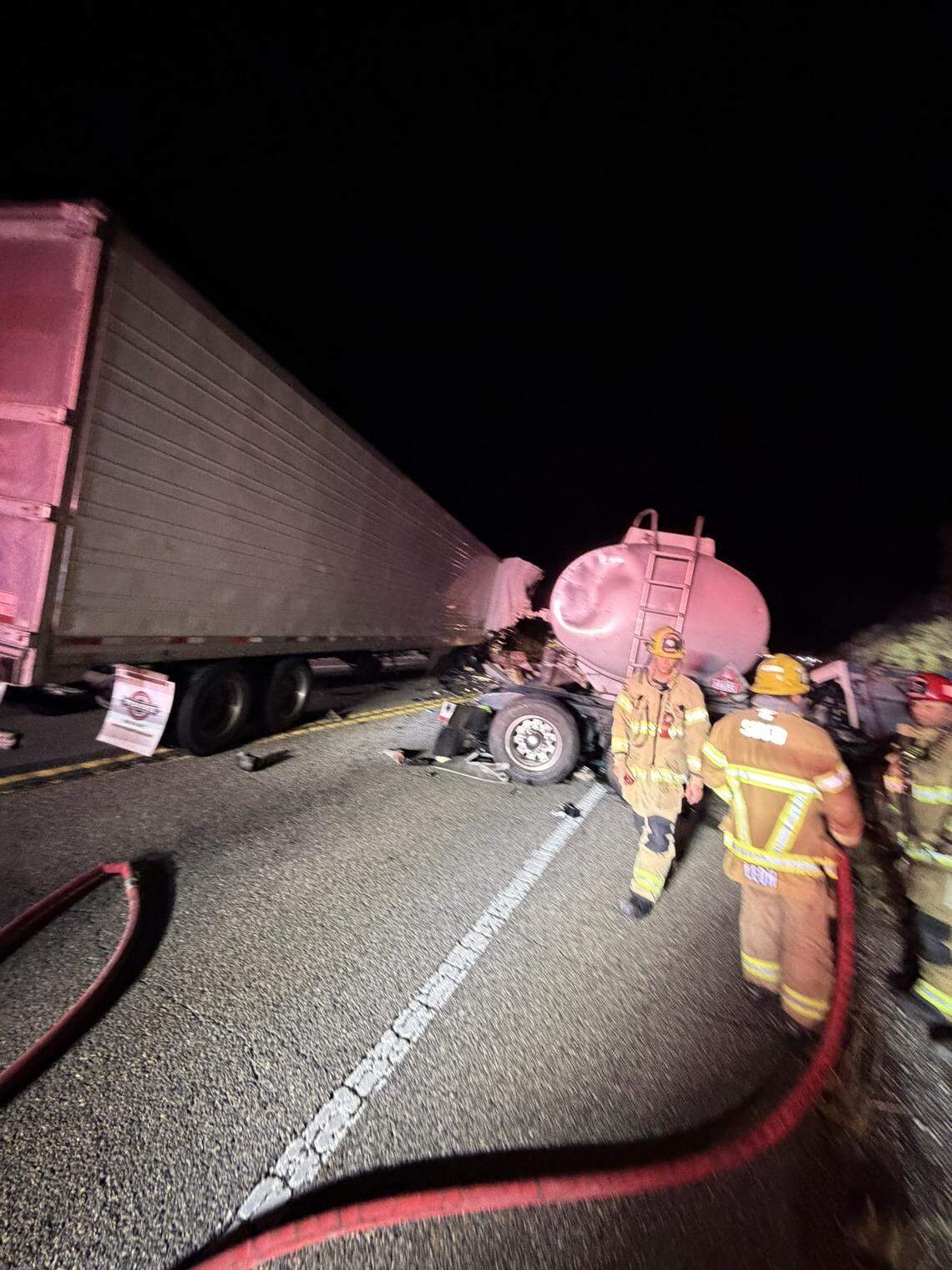 Two semi trucks crashed head-on on Highway 166 near Pine Canyon Road around 9:50 p.m. on April 13, 2026, causing the highway to shut down in both directions overnight.