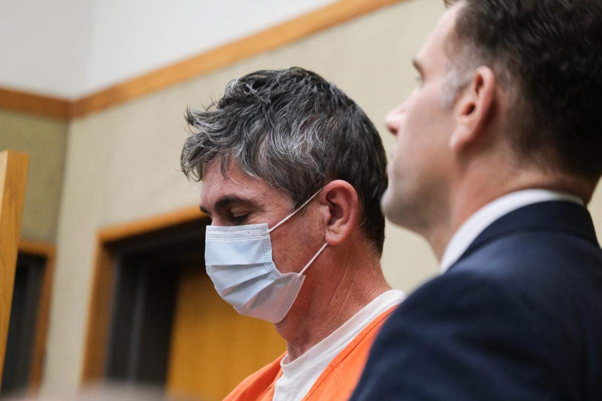 Norman Hibble, left, stands with his attorney, William Aron, during his first San Luis Obispo Court appearance on Feb. 23, 2024. Hibble is accused of embezzling at least $250,000 from San Luis Obispo County while working in the technology department.