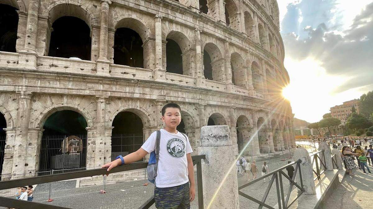 Augustine Wang-Zhao, a 9-year-old student at Bishop’s Peak Elementary School, competed in the International History Olympiad in Rome in August, placing fifth in the International History Bowl and second in the Hextathlon. Here, he’s pictured outside the Colosseum.