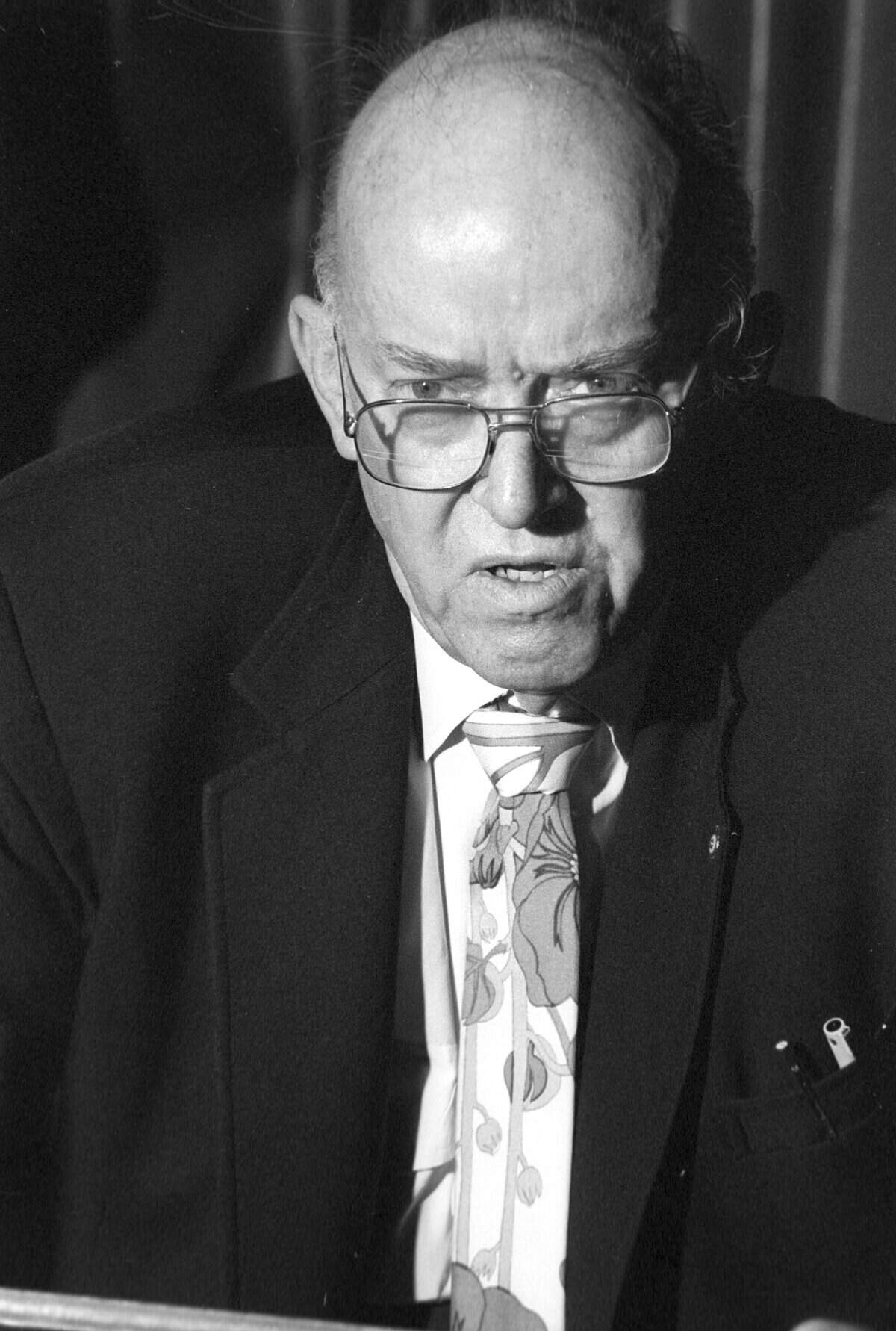 Hon. Richard Harris was Superior Court judge from 1963-72 and continued practice as an attorney or filled in for occasional trials as judge. He was long known for making predictions for the New Year from the 1940s to the 80s seen here Jan. 3, 1982.