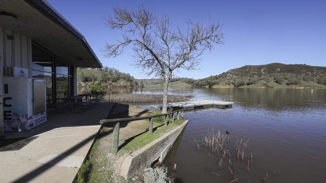 The Salinas Dam on Santa Margarita Lake was at almost 102% capacity on Jan. 9, 2026. Water has come up to within a few steps of the marina store.