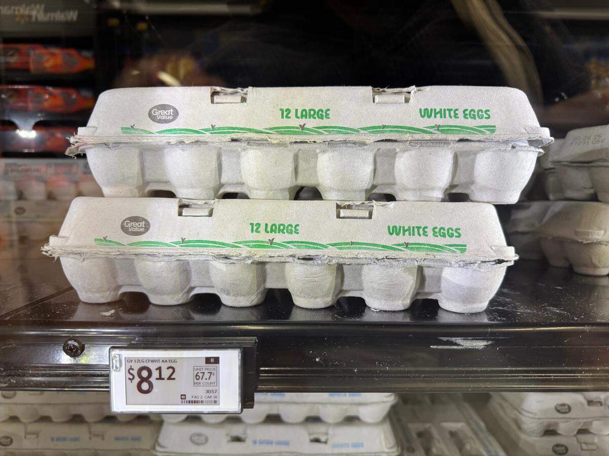 A dozen large white eggs cost $8.12 at Walmart in Paso Robles on March 3, 2025.